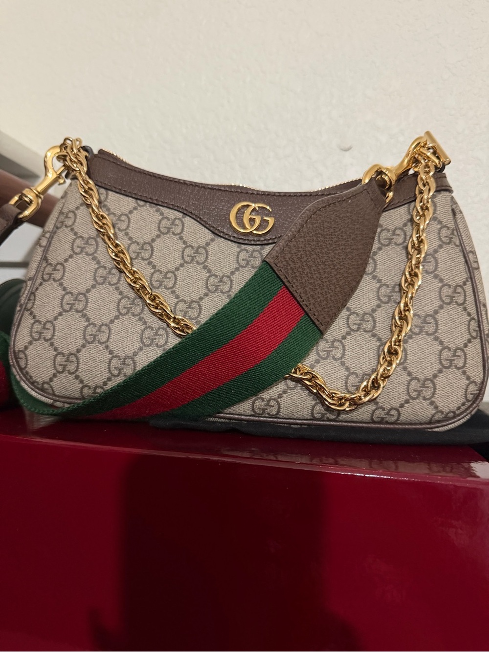 Gucci Beige GG Supreme Shoulder Bag with Brown Trim and Green-Red Strap